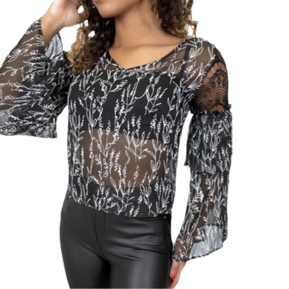 NWT Zara Boho Floral Belle Sleeves Blouse Sheer Black V Neck Size XS